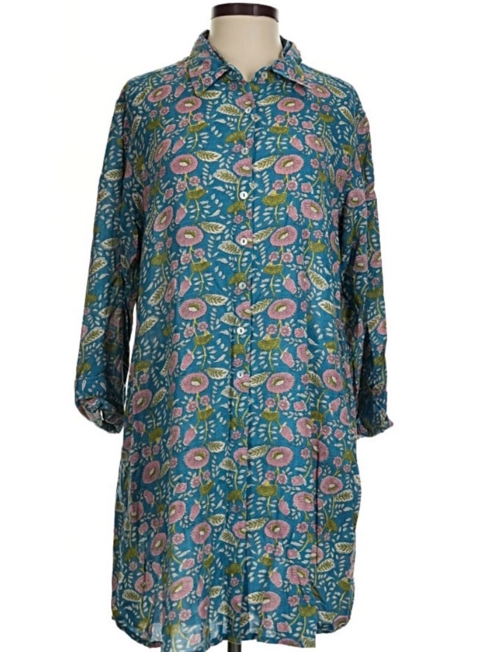 NATURAL LIFE Teal Floral Button-Up Shirtdress - Picture 6 of 6